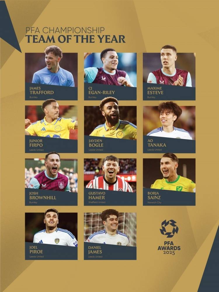 皇冠体育app-PFA英冠年度最佳阵容：特拉福德、田中碧、丹尼尔-詹姆斯在列